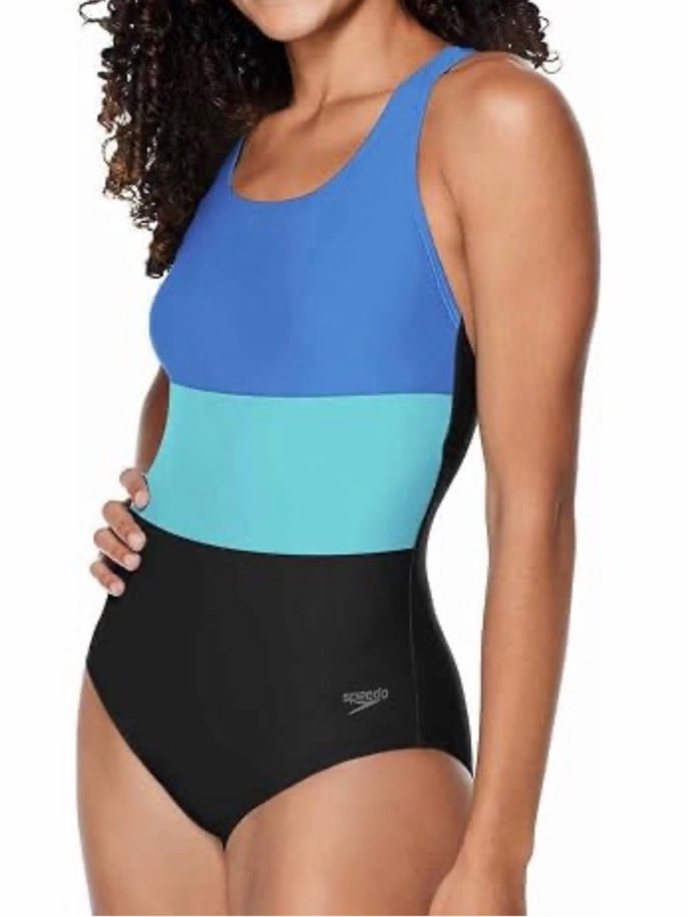 Speedo Swimsuit Womens large black Blue Racer Back Swim One Piece Built In Bra